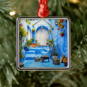 Chefchaouen Blue City Marokko Oil Painting Boho Metalen Ornament