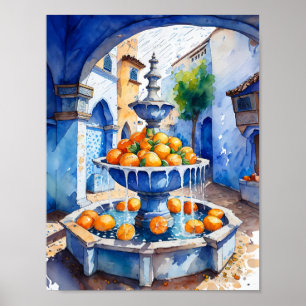 Chefchaouen Marokko Oranje fontein Waterverf Poster