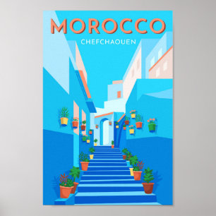 Chefchaouen Marokko Vintage Travel Illustratie Poster