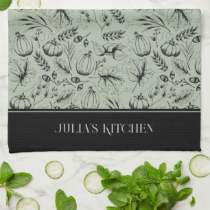Chef's Kitchen Sage Groene Moderne Herfst Illustra Theedoek