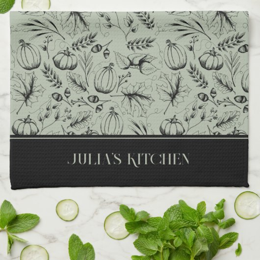 Chef's Kitchen Sage Groene Moderne Herfst Illustra Theedoek (Gevouwen)
