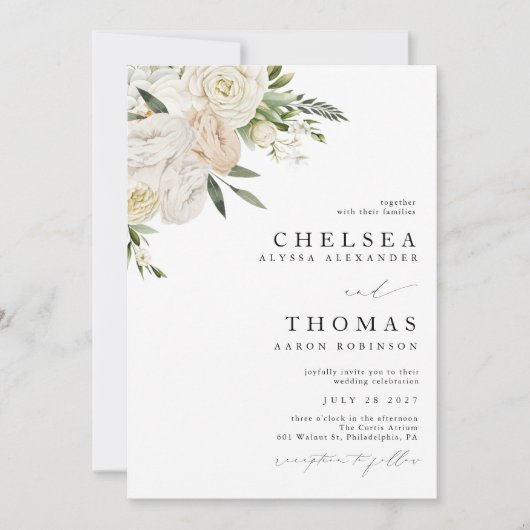 CHELSEA Watercolor White Blooms Wedding Invitation Kaart (Voorkant)