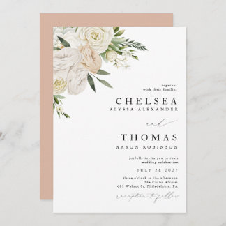 CHELSEA Watercolor White Blooms Wedding Invitation Kaart