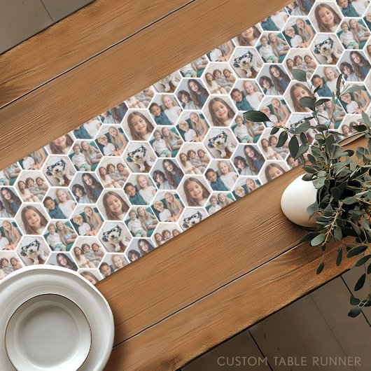 Chemin De Table Court 7 Photo Collage - funky honeycomb motif - blanc