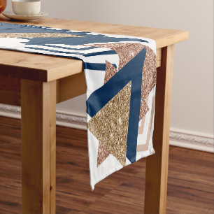 Chemin De Table Court 80s Abstrait tendance   Marine et Rose Motif d'or