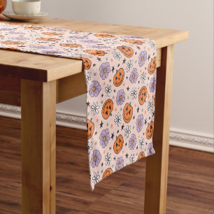 Chemin De Table Court Amusants Citrouilles d'Halloween et Fleurs Motif