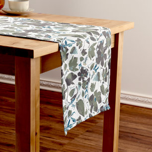 Chemin De Table Court Aquarelle Bleu vert Clematis Vin Flowers Patter