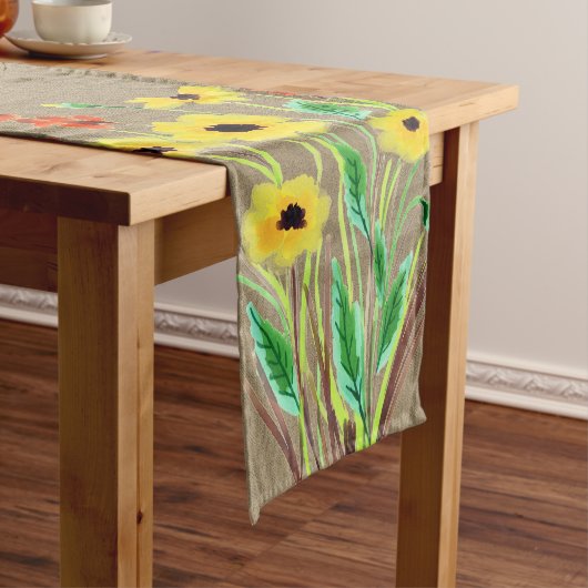 Chemin De Table Court Aquarelle Fleurs jaunes sur Burlap (In Situ)