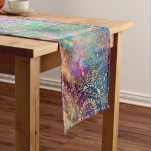 Chemin De Table Court Aquarelle or et nébuleuse mandala