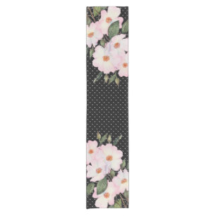 Chemin De Table Court Aquarelle rose Roses blanches Noir Blanc Pois