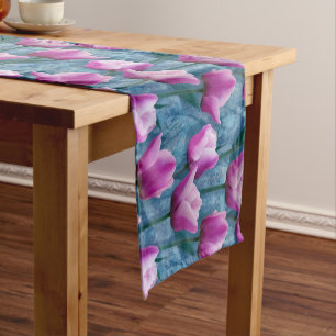 Chemin De Table Court Aquarelle Tulipes roses et stuc bleu