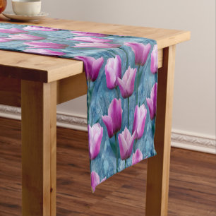 Chemin De Table Court Aquarelle Tulipes roses et stuc bleu