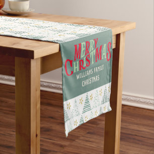 Chemin De Table Court Arbres de Noël Rétro Vert Hygge Joyeux Nom