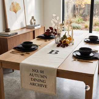 Chemin De Table Court Automne Minimaliste Monogramme Crème Noir