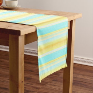 Chemin De Table Court Bandes aquarelles jaunes aqua bleu d'été ensoleill