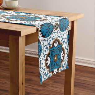 Chemin De Table Court 💙 🤎 Beaux azulejos turquoise et marron, V 