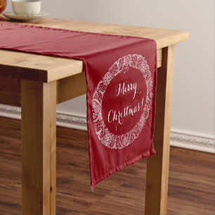 Chemin De Table Court Blanc sur une couronne de Noël rouge profond à Cus