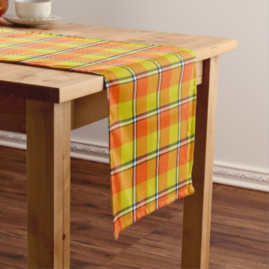 Chemin De Table Court Blaze Orange and Bird Flower Plaid (In Situ)