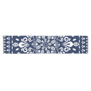 Chemin De Table Court Bleu oriental et blanc de damassé