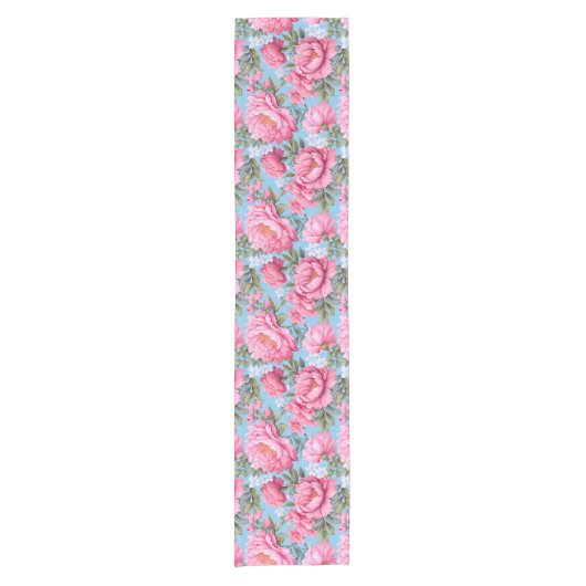 Chemin De Table Court Boho fleurs roses sur bleu (Devant)