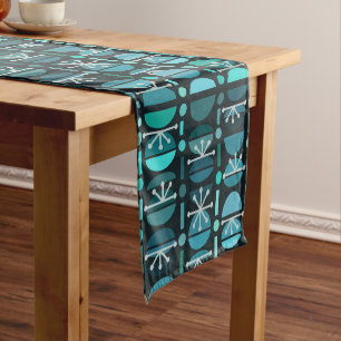 Chemin De Table Court Boho Retro Bowls Lignes Turquoises