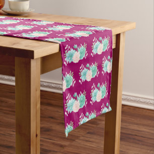 Chemin De Table Court Bouquet de fleurs rose et vert sur Motif magenta