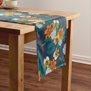 Chemin De Table Court Bouquet tropical sur fond bleu