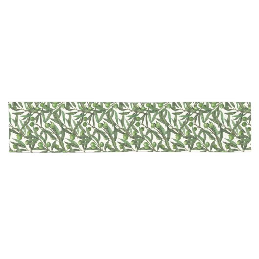 Chemin De Table Court Branches d'olive sur blanc (Horizontal)