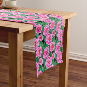 Chemin De Table Court Camellias rose Fuchsia et Feuilles verts Jade