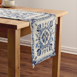 Chemin De Table Court Carrelage portugais Vintage Bleu Et Blanc