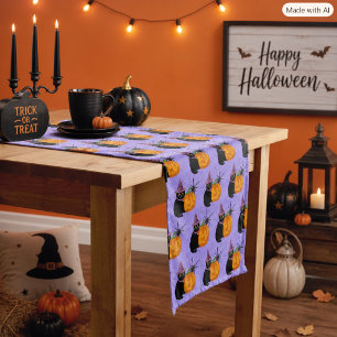 Chemin De Table Court Chat noir et motif de citrouille Halloween
