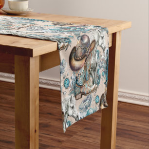 Chemin De Table Court Cheval fille cowgirl motif floral turquoise