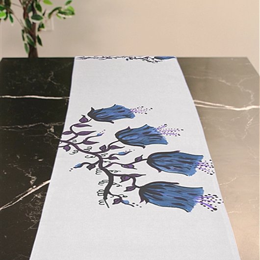 Chemin De Table Court Cloches de Canterbury Bleu sur Fleurs de Vins Cour