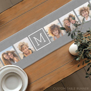 Chemin De Table Court Collage photo personnalisé Monogramme Charbon Blan
