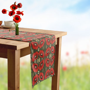 Chemin De Table Court Coquelicots Vintage Or Rouge Doré, Motif Art Nouve