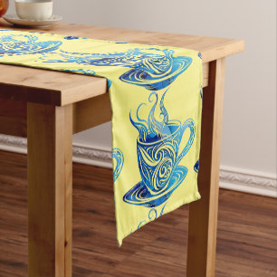 Chemin De Table Court Coupe Artistique de Café Bleu avec Motifs de tourb