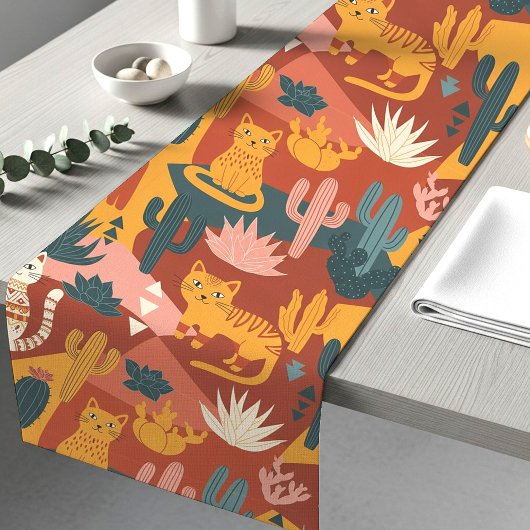 Chemin De Table Court Cute Boho Desert Cats Cactus Succulent Pattern