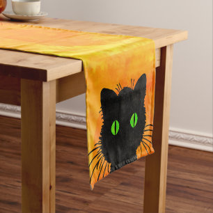 Chemin De Table Court Cute Peek-A-Boo Chat noir sur Halloween Orange