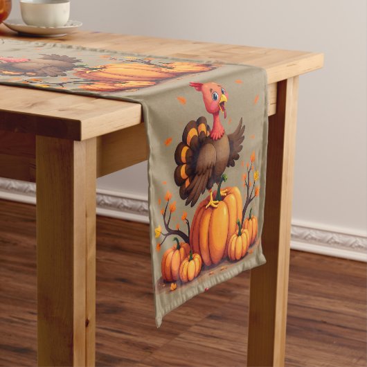 Chemin De Table Court Cute Thanksgiving Turkey Autumn Pumpkins Scene (In Situ)