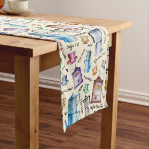 Chemin De Table Court Cute Watercolor retro cafetière tasses motif