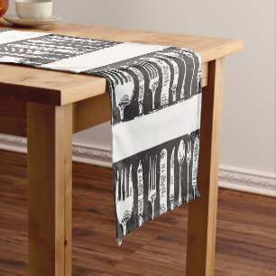 Chemin De Table Court Cutlerie Art Retro Illustré noir et blanc