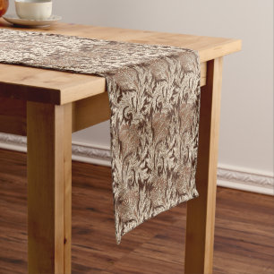Chemin De Table Court Damassé de fleur, Taupe Tan et crème Jacobean