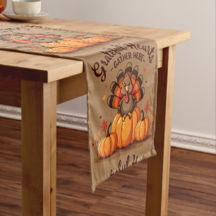 Chemin De Table Court Dinde de Thanksgiving à cœurs reconnaissants