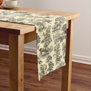 Chemin De Table Court Elégant Beige Vintage Rustique Horses Toile