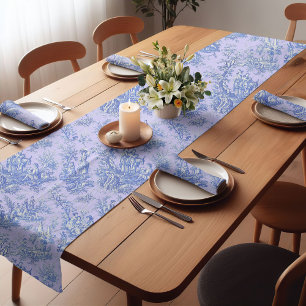 Chemin De Table Court Élégant bleu vintage violet toile de jouy imprimé