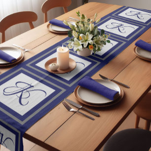 Chemin De Table Court Élégant carré gris bleu motif monogramme initial