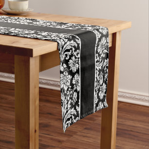 Chemin De Table Court Elégant noir et blanc Damas & Stripes