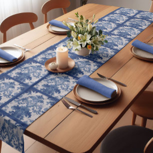 Chemin De Table Court Élégant vintage bleu damassé motif répétitif