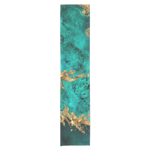 Chemin De Table Court Emerald Jade Gold Splatter Abstrait