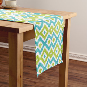 Chemin De Table Court Été Lime Green Aqua Blue Ikat Motif tribal